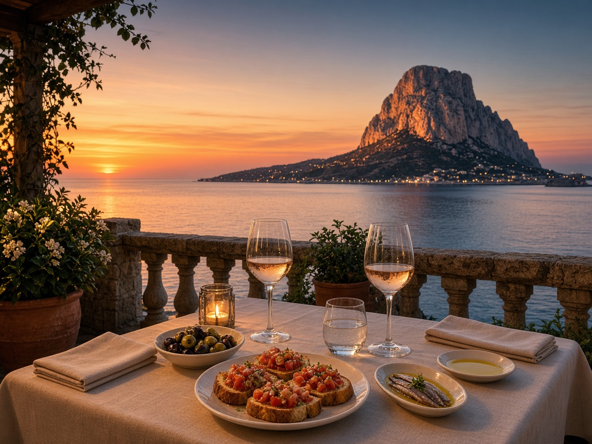 Gastronomisch terras bij zonsondergang in Calpe